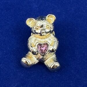 Vintage Avon Teddy Bear Pin Gold Tone with Purple Heart Rhinestone -June